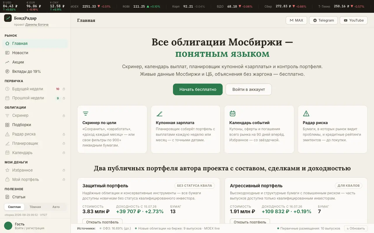 БондРадар: главная страница bondradar.pro 30 сентября 2026