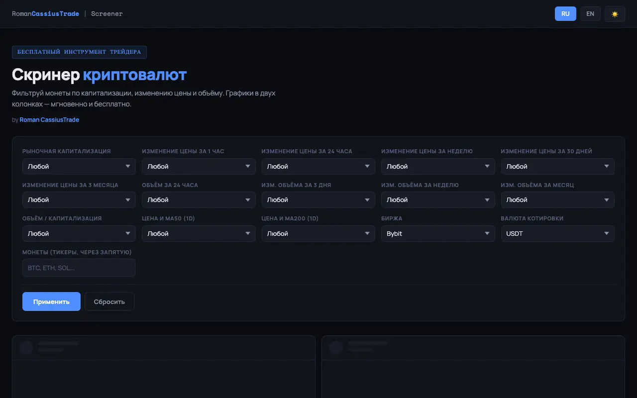Crypto Screener (CassiusTrade): главная страница screencrypto.online 30 сентября 2026
